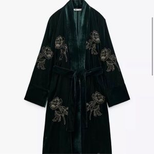 Zara Limited Edition Velvet Forest green gold embroidered floral kimono